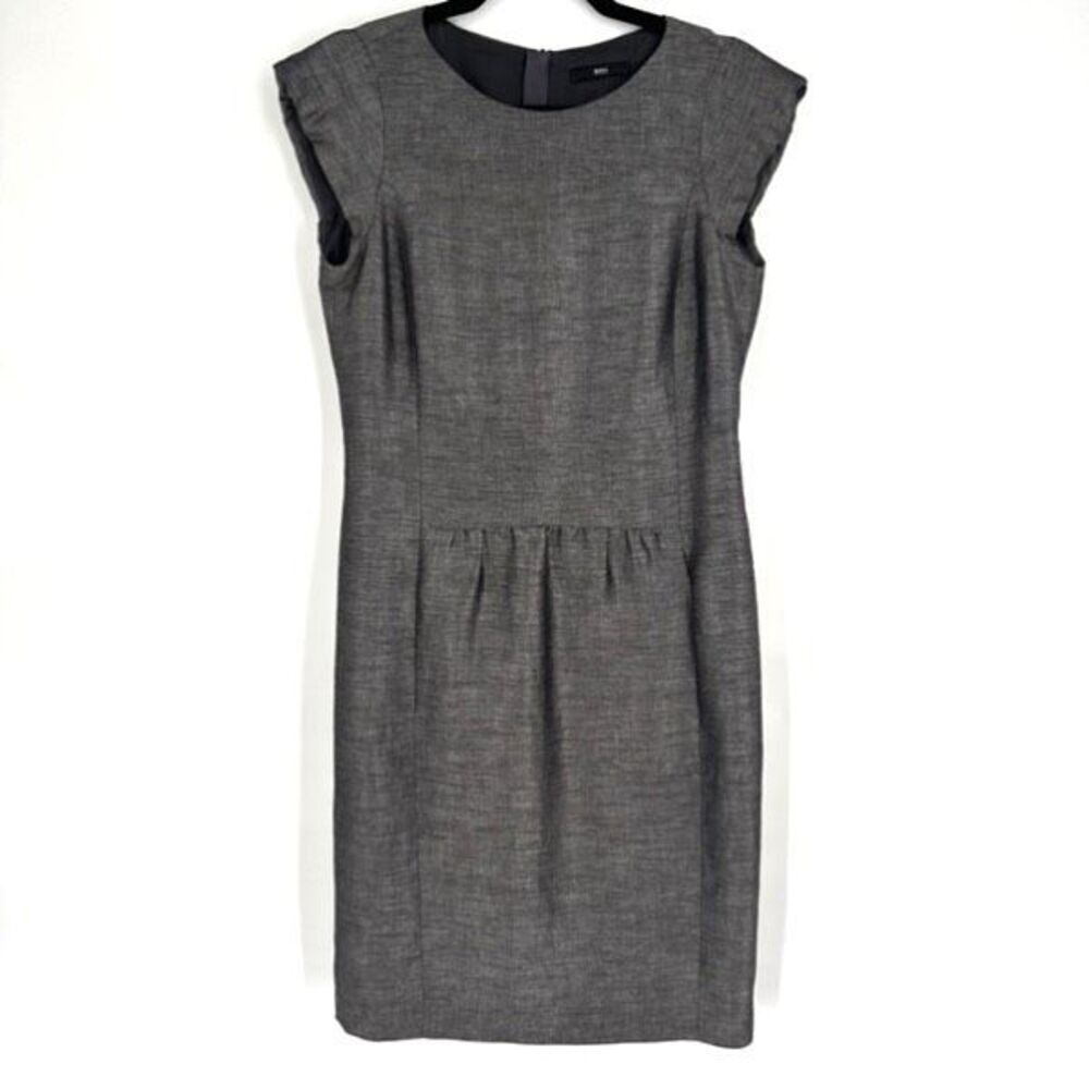 Hugo Boss Womens Linen Blend Cap Sleeve Pleated Sheath Dress Heather Gray Size 6
